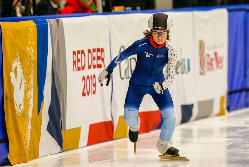 Short track speedskater Lyra Arruda Kyriakidis of Halifax competes Thursday at the Gary W. Harris Canada Games Centre in Red Deer, Alta.