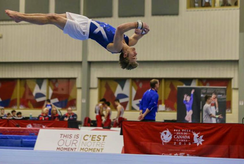 Gymnast Alex Watters of Williamswood, shown in the floor routine during the team final on Monday, placed fifth in the floor in the individual apparatus final on Thursday night in Red Deer, Alta.