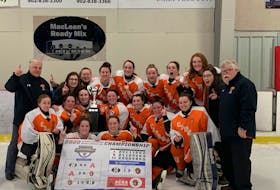 The Cape Breton Capers women's hockey team captured the Atlantic Collegiate Hockey Association championship with a 3-1 win over the Holland College Hurricanes at the Cavendish Farms Wellness Centre in Montague, P.E.I. on Sunday. The title marked the Capers' first since 2013. Front row, from left, Leah Bynre and Jodi Dauphinee. Middle row, from left, Kayla Osmond, Abby MacDonald, Karlie MacNeil, Victoria MacIntyre, Alexa Poirier, Levia Denny and Grace Munroe. Back row, from left, Steve Horne (coach), Alex Barrett, Kaitlynn Hayes, Robyn LeBlanc, Emma Roland, Morgan Marks, Nicole Sloan, Charlotte Musick, Hannah Tobin and Derrick Hayes (coach). PHOTO SUBMITTED/ACHA