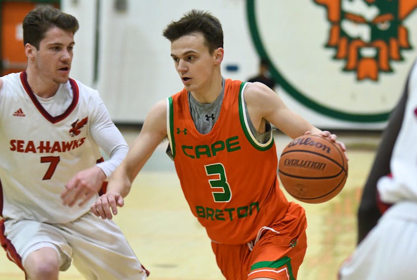 Jason Callaghan of Sydney works his way to the basket during an Atlantic University Sport game earlier this season at Sullivan Fieldhouse at Cape breton University. The 20-year-old is currently in his second season with the Cape Breton Capers men’s basketball team. PHOTO SUBMITTED/VAUGHAN MERCHANT, CBU ATHLETICS