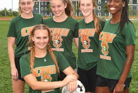The Cape Breton Capers women’s soccer team has five rookie players in its lineup this season. The players include, in front, Haley Kardas, and in back row, from left, Amy Lynch, Rebecca Lambke, Erin Freeman and Rayhana Jean-Babtiste.