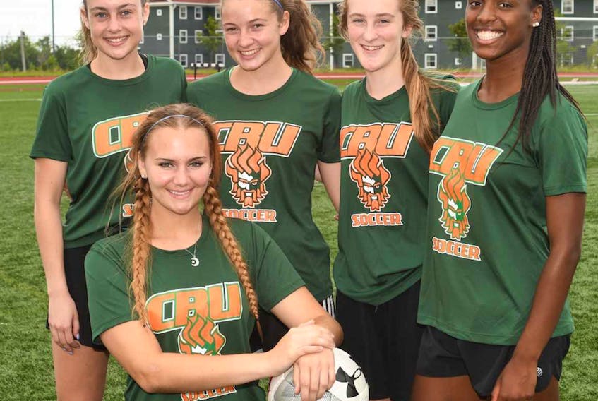 The Cape Breton Capers women’s soccer team has five rookie players in its lineup this season. The players include, in front, Haley Kardas, and in back row, from left, Amy Lynch, Rebecca Lambke, Erin Freeman and Rayhana Jean-Babtiste.