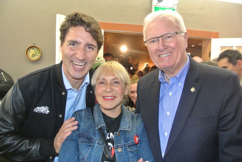 Prime Minister Justin Trudeau (left) is shown with Lenore Zann and retiring Cumberland-Colchester MP Bill Casey during a recent campaign visit to Amherst. Zann was elected as Casey's replacement during Monday's federal election.