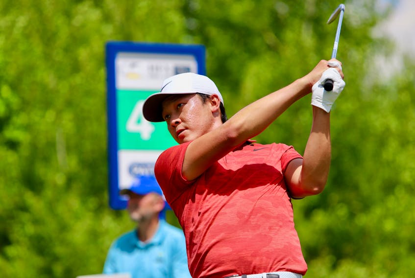 Lorens Chan of Honolulu holds a one-stroke lead after three rounds of the HFX Pro-Am, a Mackenzie Tour-PGA Tour Canada event at Oakfield Golf and Country Club. Chan, who has played his last 42 holes without a bogey at Oakfield, shot a 68 Saturday and is 19 under for the tournament. JILL EDWARDS / Sports & Entertainment Atlantic