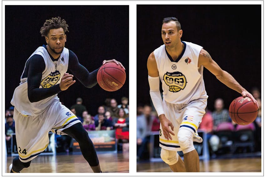 Charles Hinkle (left) and Carl English of the St. John’s Edge are both finalists for the National Basketball League of Canada’s most valuable player honours for 2017-18. — St. John’s Edge photos/Jeff Parsons