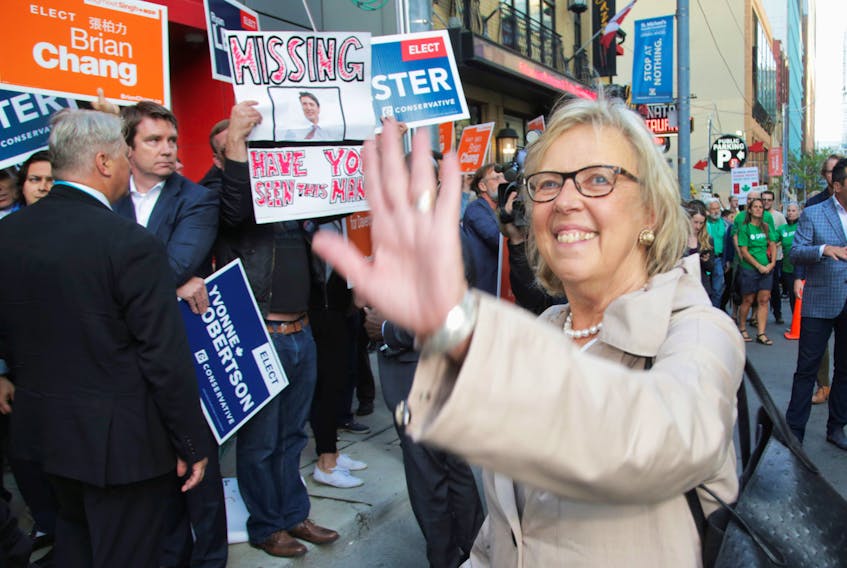 Green Party leader Elizabeth May arrives for a debate hosted by Macleans news magazine on Sept. 12, 2019. - Chris Helgren