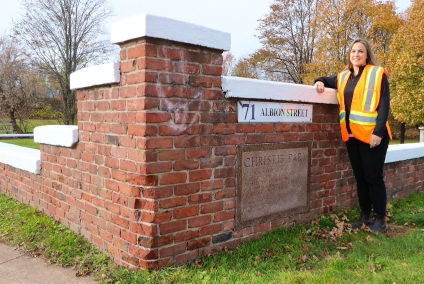 Chelsea Baird, Amherst’s horticulturalist, stands beside some of the brickwork in Christie Park on Albion Street in Amherst. The park, located where Christie Trunk & Bag Company Ltd., is being refurbished. Tom McCoag/Town of Amherst photo