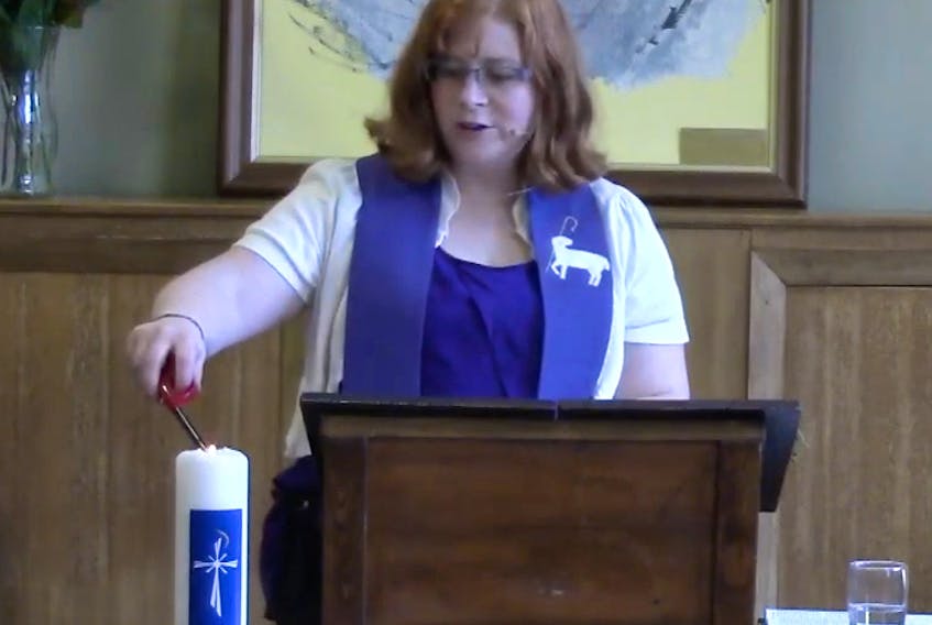 Trinity-St. Stephen’s United Church minister Rev. Natasha Pearen conducts a Sunday service on YouTube. The Amherst church is one of several that have taken to the internet to conduct services online at a time when church buildings are closed by social distancing restrictions that are part of the response to COVID-19. YouTube screengrab