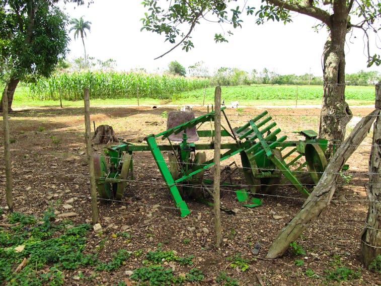 I came across this vintage John Deere cultivator on the third generation farm I visited while in Cuba. It had been dry but the sweet potato and corn fields in the background look great!
