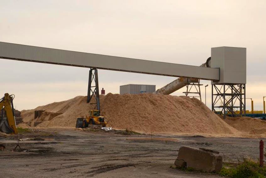 Wood chips are piled up in preparation for burning at Nova Scotia Power’s biomass-burning power generating station at Point Tupper.