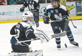 Colten Ellis backstopping the Nova Major Bantams during the 2014-15 season; one that would end in an Atlantic championship.