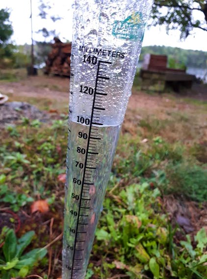 On a day like today, a rain gauge might come in quite handy. After a heavy September rain, Laurel Zwicker’s rain gauge looked like this. Lots of rain that day in Trout Lake, Annapolis County, N.S.