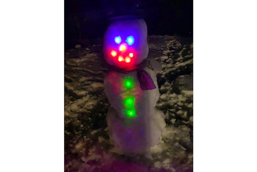 Here's a lovely example of teamwork and creativity.   Heather Johnson's family built this smiling snowman that, until the rain came – lit up in the night in Lawrencetown NS.