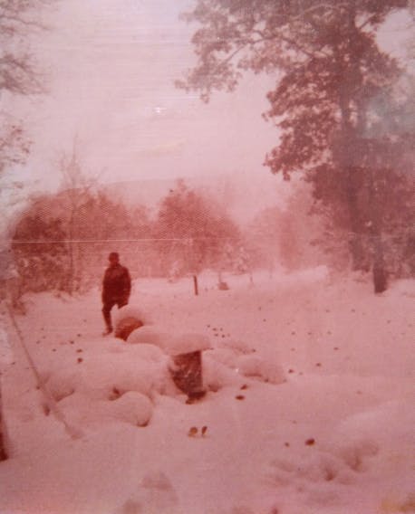 I received so many emails and great stories about the October storm of ’74 but Cindy McAlpine MacKenzie’s email was one of the few that had photos attached. 
Cindy’s story unfolds near New Ross NS, on the shores of Gully Lake where her aunt and uncle had a cottage.  In this photo, her uncle Chuck is out checking the roads! 

At the end of her lovely walk down memory lane, Cindy said “Thanks for sparking this memory.”

Thank you for sharing yours, Cindy.
