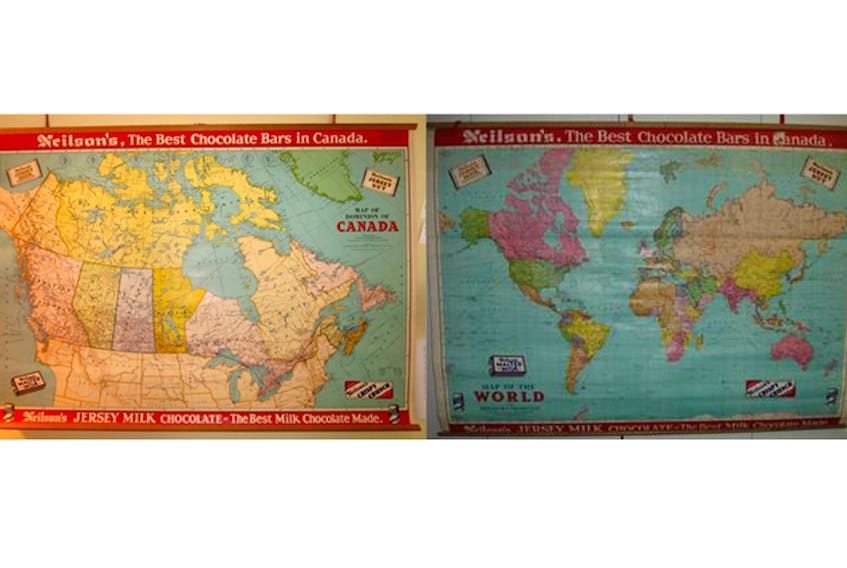 These chocolate bar maps, so-called because they were provided free of charge to schools by a company that produced chocolate bars, used to hang in Atlantic Canadian classrooms.