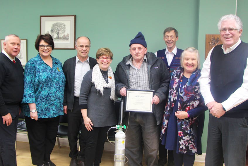 At the start of their Feb. 20 meeting, Antigonish Town Council presented William Charles ‘Bud’ MacLean with a special certificate of recognition for his work in keeping the town looking good by picking up discarded, recyclable bottles.