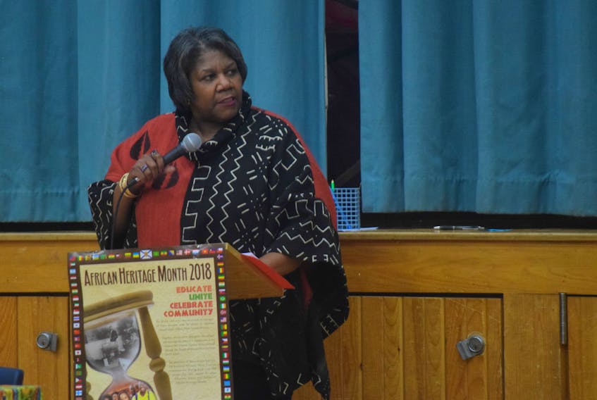 Crystal States speaks with students at A.G. Baillie Memorial Elementary School in New Glasgow about her father who was one of just two black men who served as part of the First Special Service Force in the Second World War.