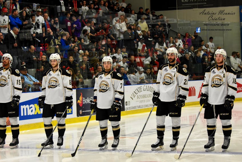 The Charlottetown Islanders starters for Game 1 of their QMJHL semifinal, from left, Pierre-Olivier Joseph, Olivier Desjardins, Daniel Hardie, Pascal Aquin and Keith Getson. Antoine Meunier Photo