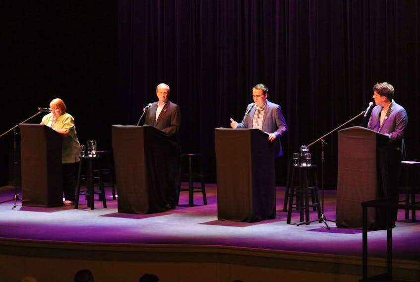 Egmont federal candidates, from left, Sharon Dunn (NDP), Bobby Morrissey (Liberal), Logan McLellan (Conservative) and Alex Clark (Green) squared off in an all-candidates debate Wednesday night at the Harbourfront Threat in Summerside.