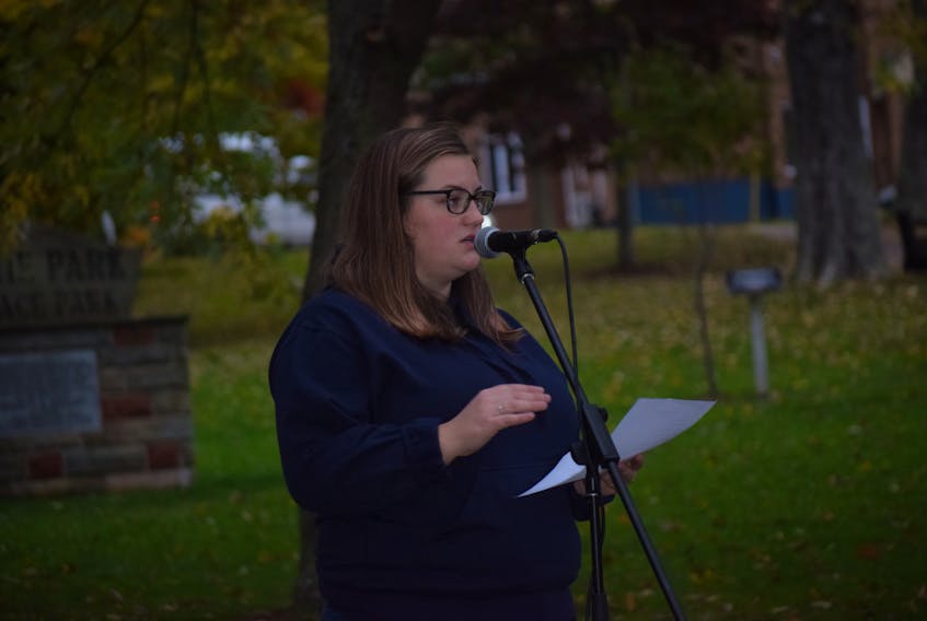 Baillie MacDonald, of the Pictou County Women’s Resource and Sexual Centre, speaks at the Take Back the Night event in New Glasgow.