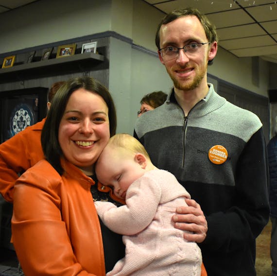 Kendra Coombes, left, stands for a picture with her daughter Rory and partner Matthew Brown following Tuesday's provincial byelection in Cape Breton Centre. Coombes won the riding for the New Democratic Party, receiving 2,730 votes.