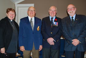 In this photo submitted to The Guardian by Sylvia Matheson, Rev. Cathy Kay, from left, Rev. Gary Clark, Malpeque MP Wayne Easter and Don Matheson took part in Remembrance Day ceremonies in Wheatley River Sunday.