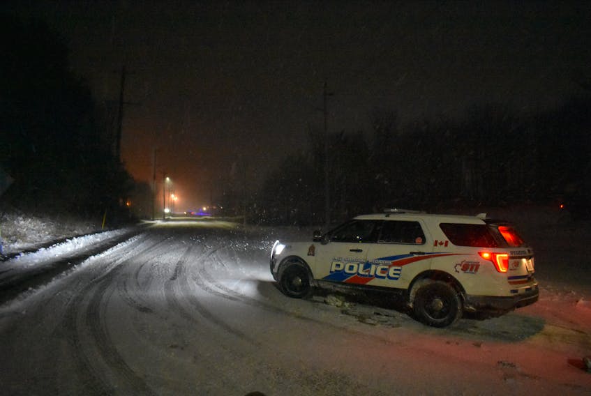 A police car can be seen parked at the intersection of Trenton Road and First Street in Trenton, N.S.