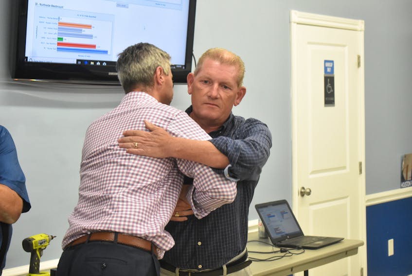 Murray Ryan, left, shares a hug with Nova Scotia Progressive Conservative leader Tim Houston after Ryan won the riding of Northside-Westmount byelection on Tuesday.