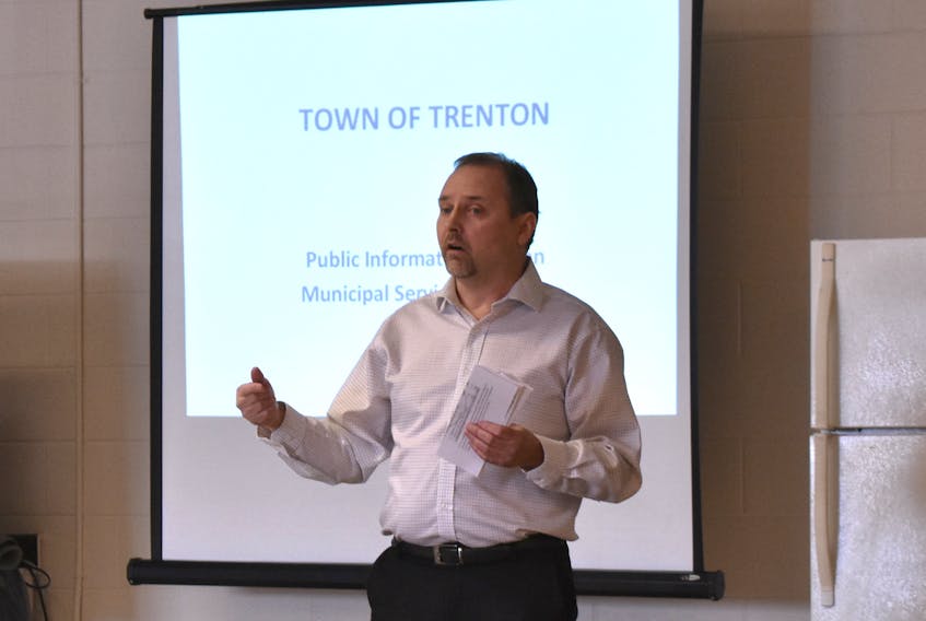Trenton Mayor Shannon Macinnis explains details of a series of changes to the town's property tax system to a crowd of residents at the first of two information sessions held on Monday.
