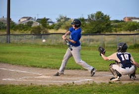 Mark Morrison of the New Waterford Dodgers prepares to swing at a fastball over the heart of the plate during Nova Scotia Midget 'A' Baseball Provincial Championship action at the Gerry Marsh Ball Field in New Waterford on Friday. The Dodgers won the game 10-5.