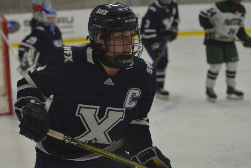 Summerside native and St. Francis Xavier X-Women team captain Lydia Schurman, 2, in action against the UPEI Panthers during a recent Atlantic University Sport contest in Charlottetown. Schurman is in her fifth and final year with the X-Women.
