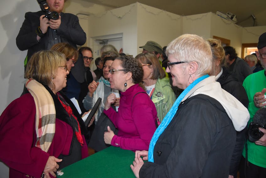 Green Party Leader Elizabeth May speaks to supporters at the Northumberland Fisheries Museum in Pictou.
