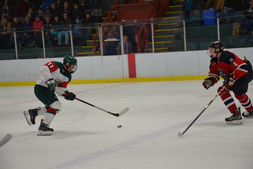 The Kensington Wild and Moncton Flyers met in an entertaining New Brunswick/P.E.I. Major Midget Hockey League game in Kensington on Oct. 12. The Flyers scored two power-play goals during a 25-second span in the final minute of regulation time to win the game 3-2.