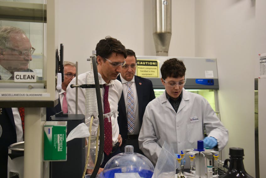 Prime Minister Justin Trudeau visits the biotechnology company BioVectra Inc. in Charlottetown on Monday. Trudeau announced a $37.5 million loan through its Strategic Innovation Fund to support the manufacturing of pharmaceutical products used in the treatment of cancer, kidney disease, cardiovascular disease and multiple sclerosis.