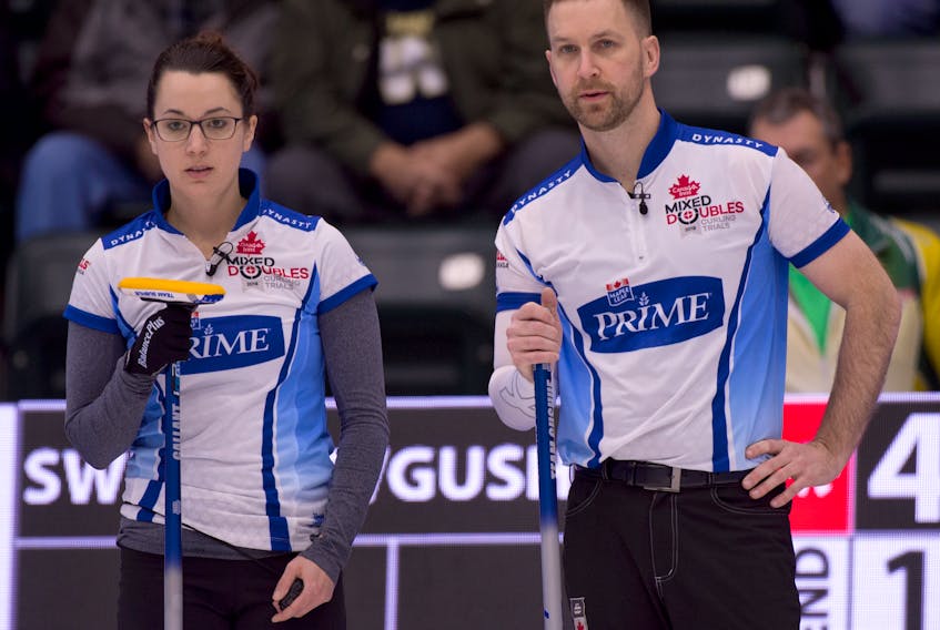 Michael Burns/Curling Canada Val Sweeting and Brad Gushue form one of 18 teams who started the Canadian Olympic mixed doubles curling trials this week.