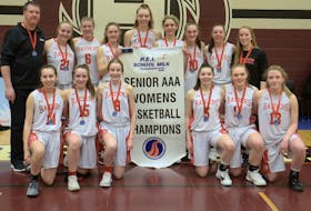 The Charlottetown Rural Raiders won the Domino's Prince Edward Island School Athletic Association senior AAA girls' basketball championship Thursday in Charlottetown. Team members are, first row, from left, Cassidy Hurley, Amy Plaggenhoef, Katie Vidito, Sydney Lawlor, Jenna Cyr and Dara McCabe. 
Second row, head coach Peter Lawlor, Jaelyn Power, Abigail McGeoghegan, Anna Brazil, Abby MacDonald, Taylor Mitton, Ava Sinnott, Devon Lawlor and assistant coach Nicole Davies. Missing is assistant coach Lauren Reid.