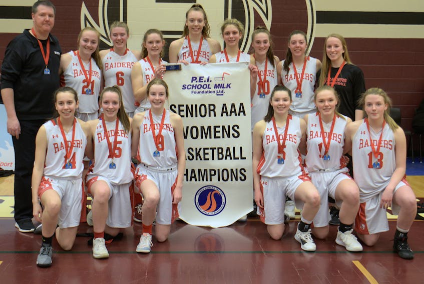 The Charlottetown Rural Raiders won the Domino's Prince Edward Island School Athletic Association senior AAA girls' basketball championship Thursday in Charlottetown. Team members are, first row, from left, Cassidy Hurley, Amy Plaggenhoef, Katie Vidito, Sydney Lawlor, Jenna Cyr and Dara McCabe. 
Second row, head coach Peter Lawlor, Jaelyn Power, Abigail McGeoghegan, Anna Brazil, Abby MacDonald, Taylor Mitton, Ava Sinnott, Devon Lawlor and assistant coach Nicole Davies. Missing is assistant coach Lauren Reid.