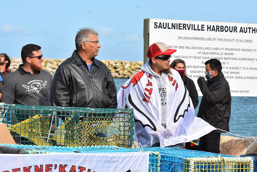 The Sipekne'katic First Nation held a ceremony at the Saulnierville wharf on Sept. 17 where seven moderate livelihood licences were distributed by the band. This took place on the 21st anniversary of the Supreme Court Marshall decision. TINA COMEAU PHOTO