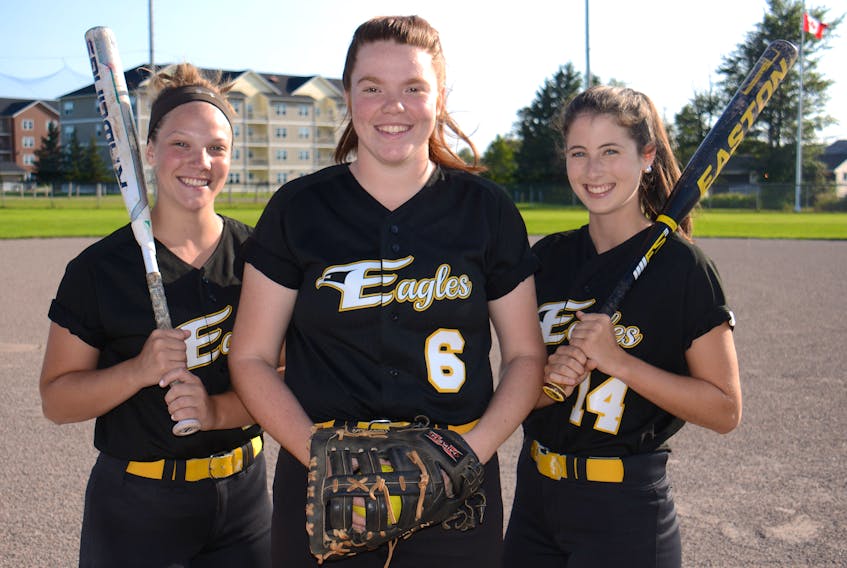 The P.E.I. Eagles begin their quest for an Eastern Canadian under-19 girls’ softball championship on their home field Friday in Charlottetown. From left are Kaelyn White, Sydney Halliwell and Robyn Power.