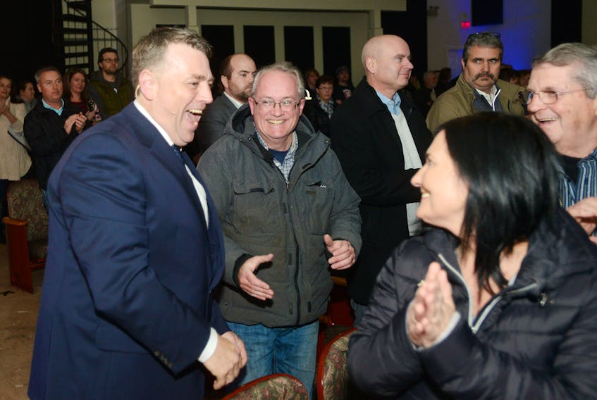 Dennis King is greeted by supporters during his announcement Wednesday night that he’s running for the P.E.I. PC party leadership.