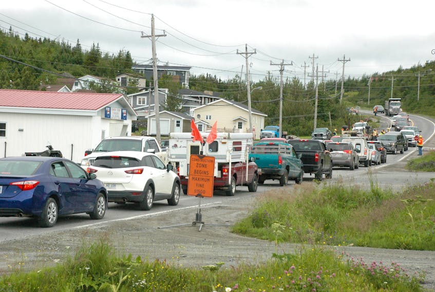 Vehicles are stopped during road work in St. Anthony on Aug. 3 - Stephen Roberts