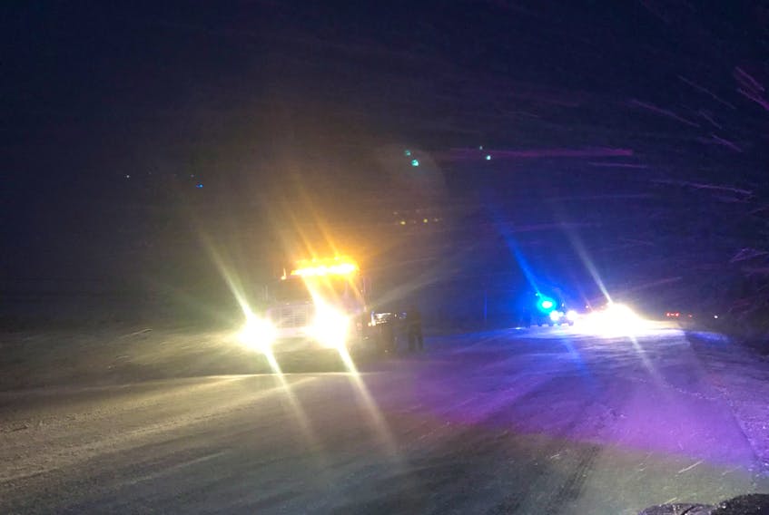 A car slid off the Route 2 and into a ditch early Friday evening. Roads were snow-covered and slippery at the time, but the RCMP reported no serious injuries.