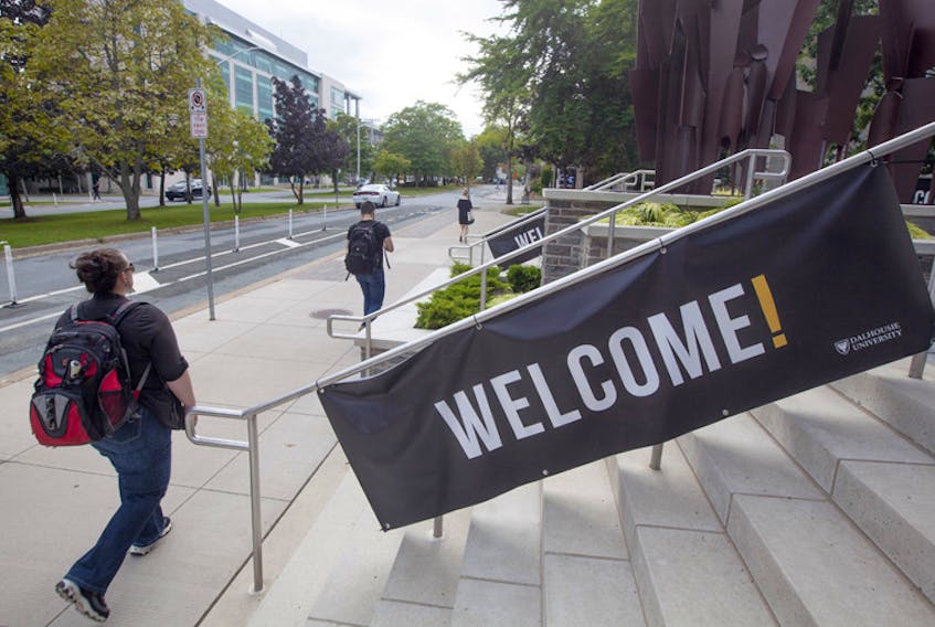 Welcome signs adorn the steps of the Schulich School of Law building at Dalhousie University on Tuesday, Sept. 8.