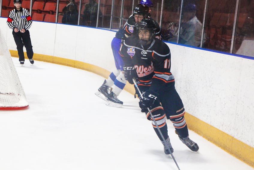 Second-year forward Darren Waterman from Antigonish, pictured in playoff action last season versus Dartmouth, has been named captain of the 2018-19 Cape Breton West Islanders.