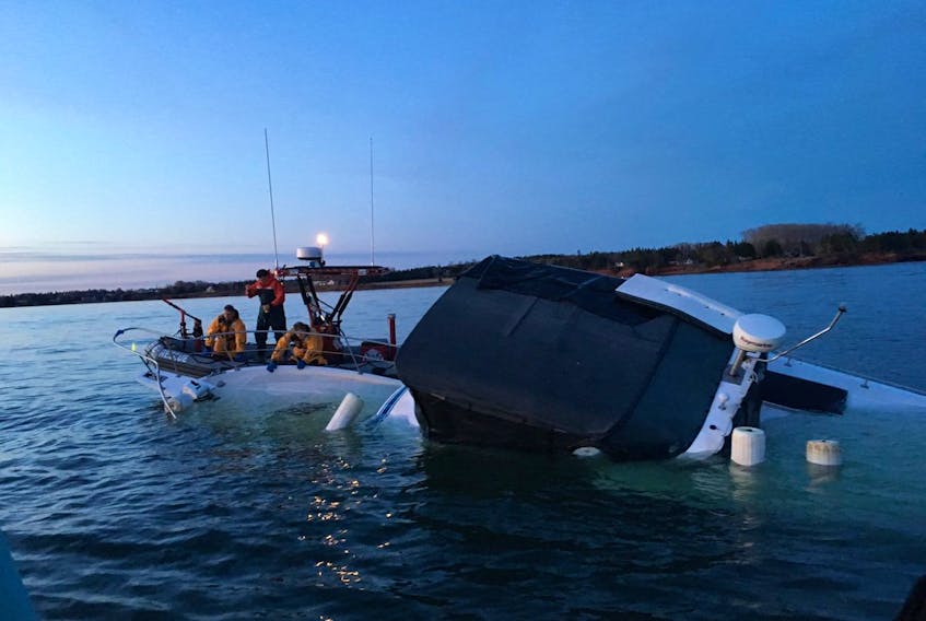 This picture was taken by a crew with the HMCS Queen Charlotte which responded to a vessel in distress in the mouth of the Charlottetown Harbour on Wednesday night. Fifteen people were rescued in the water or clinging to the sinking vessel.