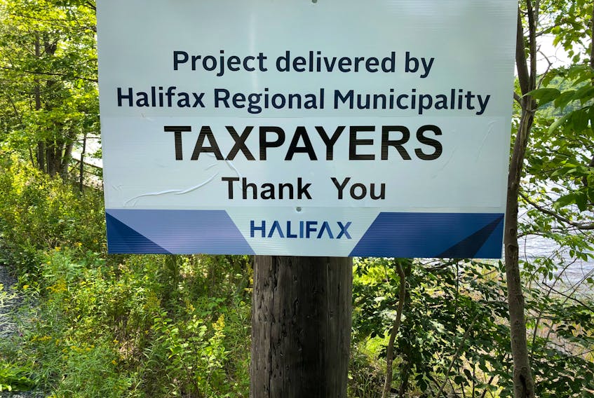 This sign just past the roundabout on the Waverley Road near Fall River temporarily reminded people that work by Halifax Regional Municipality is funded by your tax dollars.