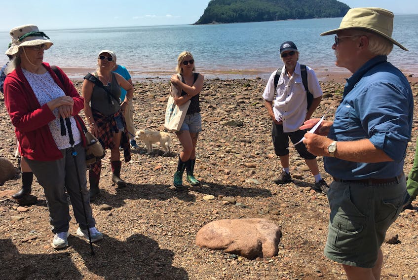Howard Donahoe, a geology professor at Saint Mary’s University, leads a tour of the beach at Five Islands Provincial Park near Parrsboro as part of the 54th annual Nova Scotia Gem and Mineral Show that’s hosted by the Fundy Geological Museum.