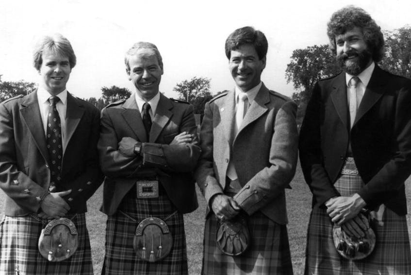 Piping judges Doug Boyd (left), Barry Ewen, Bob Worrall and drumming judge High Cameron comprised the adjudication panel for the 1985 Games. The Games have always prided themselves in bringing in the best of judges. Archie MacLellan