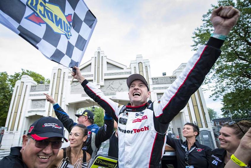 L.P. Dumoulin celebrates after winning a NASCAR Pinty’s Series race last weekend in his hometown of Trois-Rivieres, Que. Dumoulin heads to Riverside International Speedway for Saturday’s Bumper To Bumper 300. He is the race’s defending champion. - Matthew Manor / NASCAR