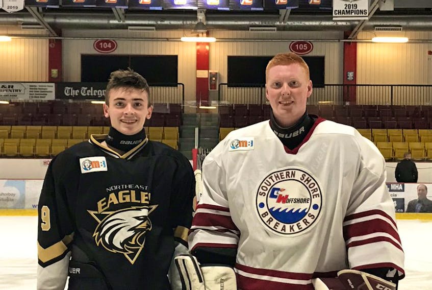 Southern Shore Breakers goaltender Kyle Whelan (right) stopped no less than 60 shots Sunday night in Torbay, but it wasn't enough to keep Patrick Farrell (left) and the homestanding Northeast Eagles from posting a 3-1 win in their Mary Brown's St. John's Junior Hockey League contest. Whelan and Farrell were their teams' players of the game. — Twitter/SJJHL